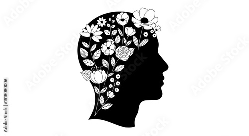 Human head silhouette with flowers growing inside, minimalist black and white vector, clean contour lines, flat design, mental wellness and happiness concept, white background