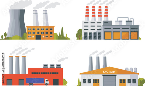 Industrial factory and power plant buildings flat vector illustration set featuring chimneys, cooling towers, warehouses, and energy facilities
