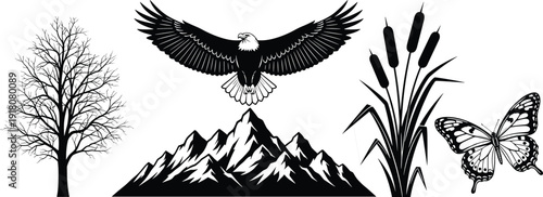 Black Silhouette Vector Collection of Flying Eagle Over Mountains with Deciduous Tree Cattails and Monarch Butterfly for Wilderness Nature Graphic Design