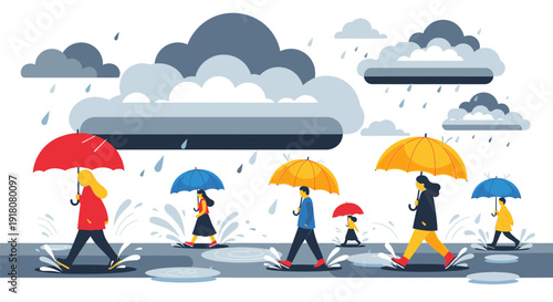 People walking with colorful umbrellas on a rainy day, illustration of rainy weather scene from a side viewpoint