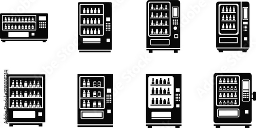 Set of eight minimalist black and white vending machine icons, 2x4 grid layout, modern digital displays, product shelves, sleek automated retail graphics.