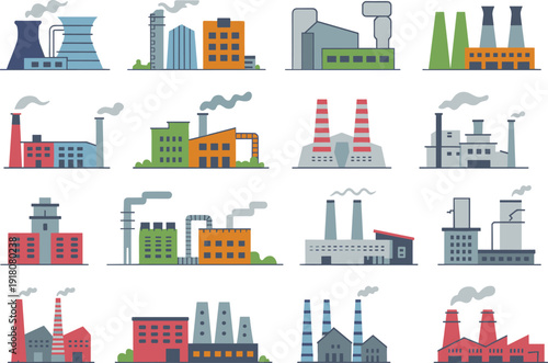Industrial factory and power plant buildings flat vector illustration set featuring chimneys, refineries, warehouses, and manufacturing facilities collection