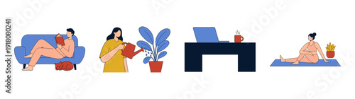 Flat Vector Lifestyle and Wellness Activities Illustration Set for Remote Work and Home Balance