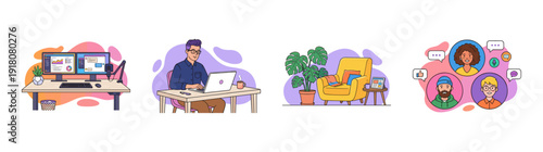 Flat Vector Remote Work and Digital Lifestyle Graphic Set for Freelance Business and Home Office Theme