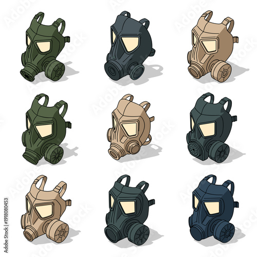 3D isometric views of industrial gas masks