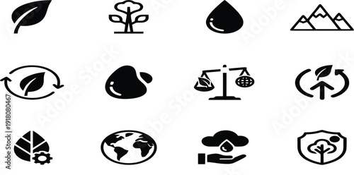 Eco-Conscious Icons: A collection of meticulously crafted, minimalistic icons, each symbolizing essential components of environmental conservation, sustainable living, and nature's harmonious balance.
