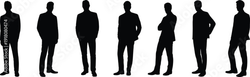 Businessmen silhouettes standing in row, professional male figures, corporate leadership teamwork concept isolated on white background studio minimalist business people