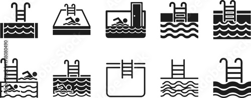 Set of ten minimalist black and white swimming pool icons, rectangular silhouettes, ladder symbols, water ripples, swimmers, aquatic recreation, vector graphics.