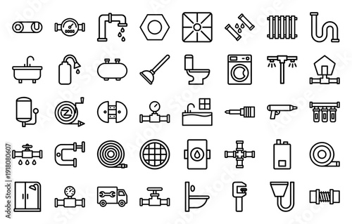 Plumbing and sanitary engineering line icon set. Vector pictograms of faucet, toilet, pipe, wrench, heater, radiator, pump, and valve, thick outline illustration.