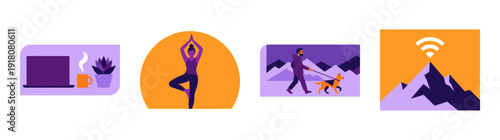 Flat Vector Remote Work and Wellness Graphic Set for Digital Nomad and Balanced Lifestyle Themes