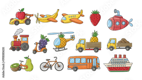 Whimsical Fruity Transport: A vibrant collection of playful vehicles and objects, each uniquely crafted from fresh fruits, offering a delightful and imaginative twist on transportation.