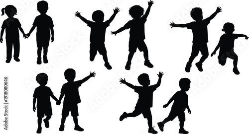 Children silhouettes playing together, happy kids jumping running holding hands, childhood freedom concept, isolated black figures on white background