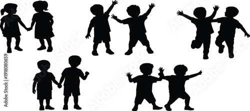 Children silhouettes playing together, happy kids friendship concept, playful childhood moments, isolated black silhouettes on white background illustration