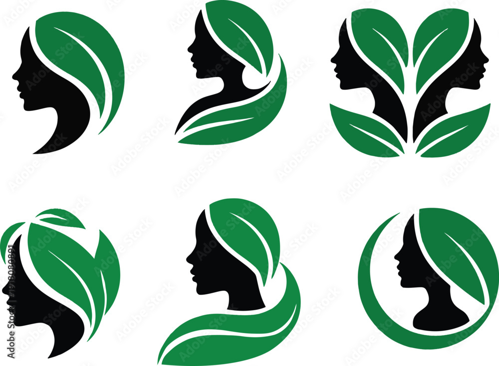 Fototapeta premium Green leaf logos with woman silhouette