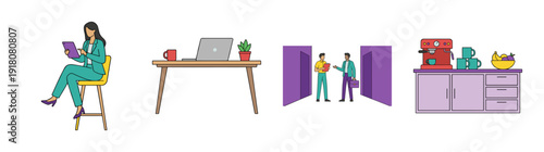 Flat Vector Modern Office Culture Element Kit for Hybrid Workspace and Corporate Workflow Illustrations