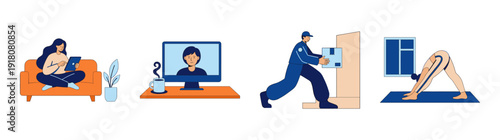 Flat Vector Remote Lifestyle and Essential Services Graphic Set for Modern Productivity and Wellness
