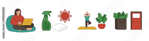Flat Vector Quarantine Lifestyle Illustration Element Kit for Remote Work and Wellness Marketing