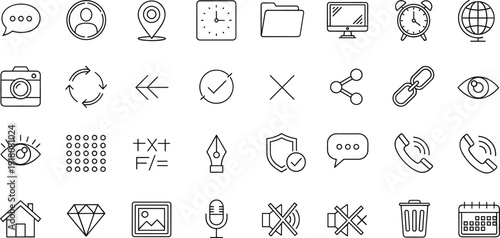 User interface and communication outline icon set multimedia symbols vector collection isolated on white background