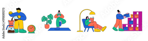 Flat Vector Lifestyle Character Scene Element Kit for Wellness and Daily Routine Design