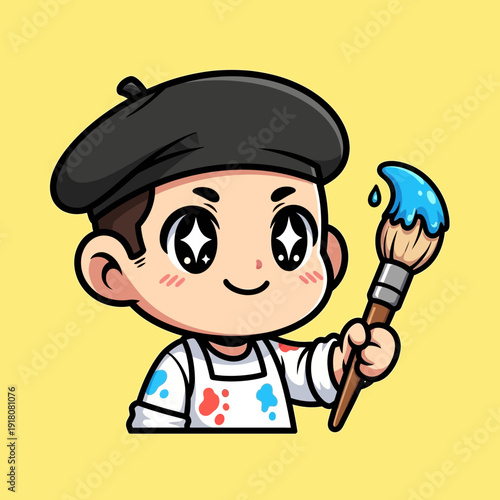Cute Cartoon Artist Boy with Beret and Paintbrush, Creative Child Illustration