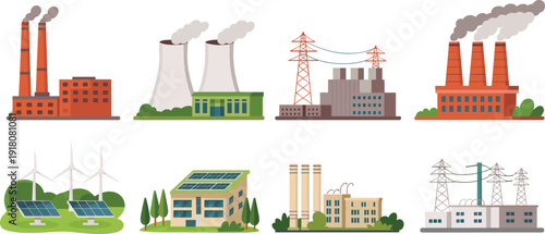 Industrial power plants and renewable energy facilities flat vector illustration set with factories, solar panels, wind turbines, transmission towers