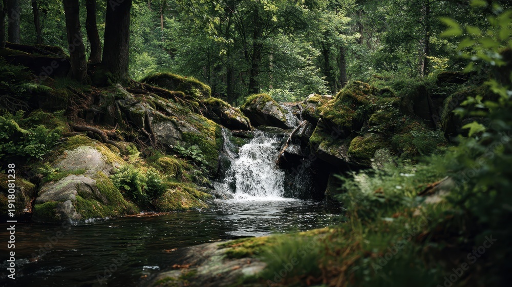 Obraz premium Water flows over rocks and joins the stream in a wooded area in the afternoon light
