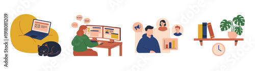 Flat Vector Remote Working and Productivity Graphic Set for Freelance Career and Home Office Management