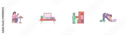 Flat Vector Cozy Remote Lifestyle Character Illustration Element Kit for Freelancer Wellness and Home Office Workspace