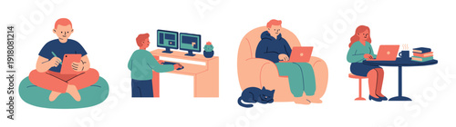 Flat Vector Remote Workers Character Element Kit for Freelance and Digital Nomad Lifestyle