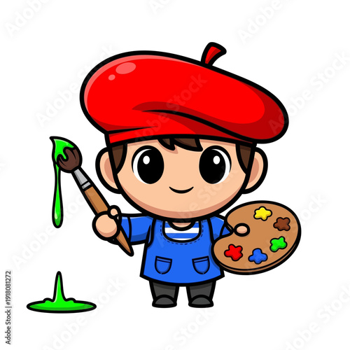 Cute Cartoon Artist Child Painting with Brush and Palette