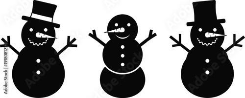 Three snowman silhouettes set, minimalist winter holiday icons, black white Christmas character symbols, decorative frost season graphics, simple ice figure,
