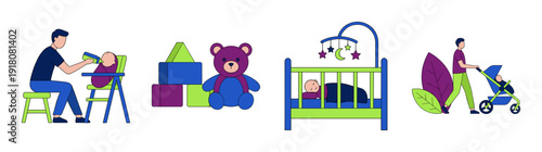 Flat Vector Fatherhood and Newborn Care Element Kit for Parenting and Child Development Graphic Set