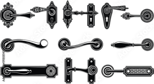 Vintage Victorian Door Handle Collection with Ornate Antique Lever Knobs and Decorative Brass Hardware Elements Isolated on White Background for Interior