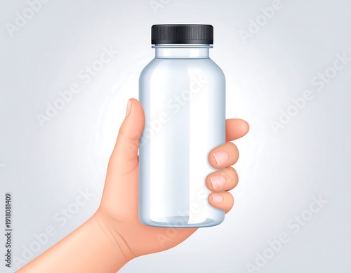 A hand holding a clear plastic bottle with a black cap, set against a light grey gradient background