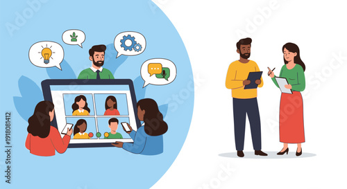 Diverse group discussing ideas in a collaborative online meeting setup with people interacting virtually.