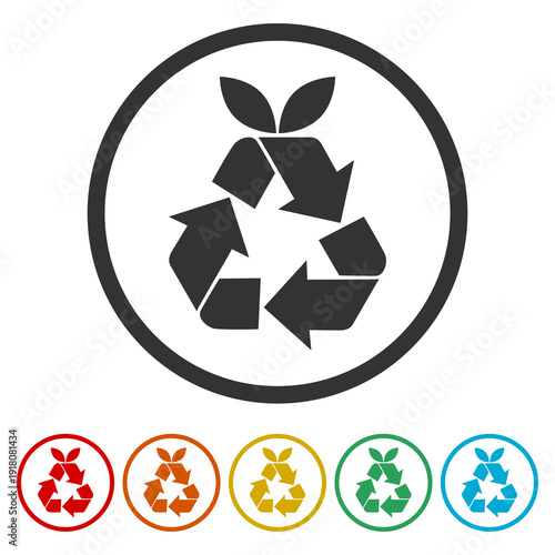 Recycle or recycling arrows flat icon. Set icons in color circle buttons