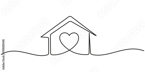 Continuous single line drawing of house with heart symbol vector illustration