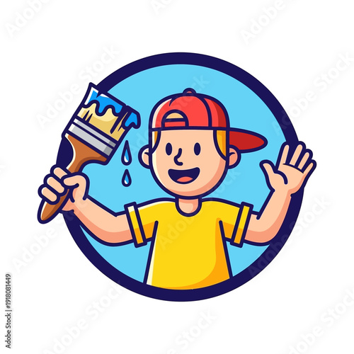 Happy Boy Holding Paintbrush with Blue Paint Drops