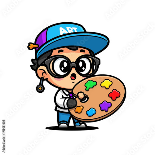 Cute Cartoon Artist Character Holding Paint Palette with Vivid Colors