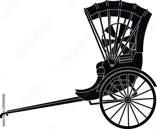 Traditional Asian Rickshaw Silhouette, Vintage Hand Pulled Carriage Vector, Antique Oriental Transport Icon, Minimalist Japanese Jinrikisha Graphic on White Background Isolated