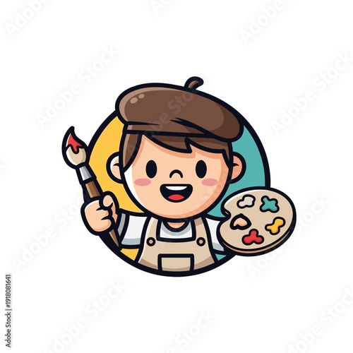Cute Cartoon Artist Boy with Paintbrush and Palette, Creative Hobby