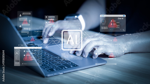 Foto Business person using laptop with AI error warning signs on virtual screen