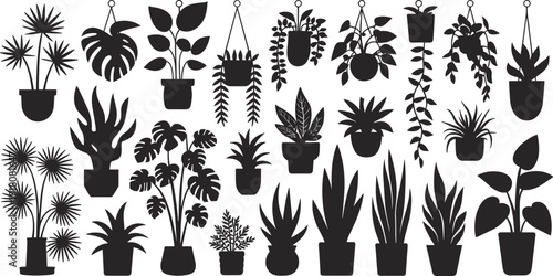 Indoor houseplant silhouette collection, potted and hanging plants, modern botanical illustration set, minimal black plant icons on white background