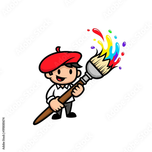 Cartoon Artist with Large Paintbrush and Splashing Colors