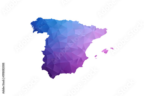 Spain Map - Polygon Style Vector Illustration in Blue and Purple Gradient, Low Poly Geometric Design, Isolated on White Background, Ideal for Infographics and Learning Materials.