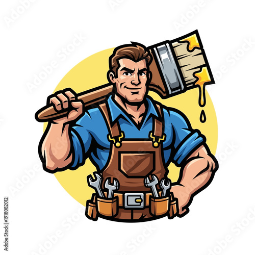 Skilled Handyman Holding Paint Brush with Yellow Drips, Cartoon Style