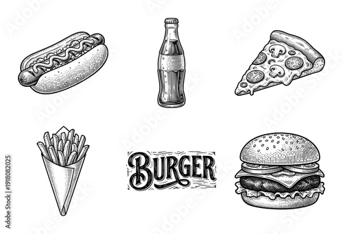 Set of fast food illustrations featuring burger, hot dog, pizza slice, French fries, and soda bottle in a vintage woodcut engraved style