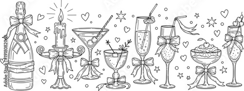 Celebration party vector set with champagne bottle, candle, cocktails, and glasses decorated with bows, hearts, stars