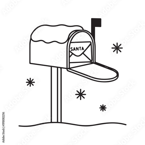 Christmas mailbox with letter to Santa. Winter post box with snow line art. Vector illustration for coloring book.
