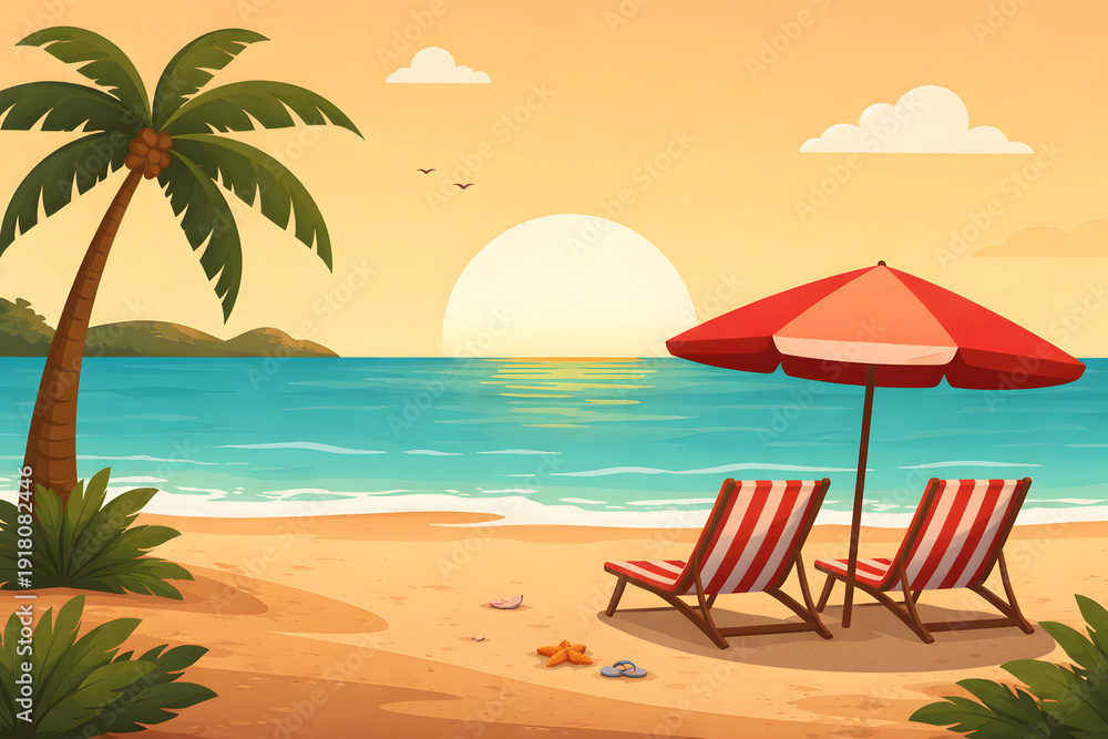 Fototapeta premium Striped beach chairs under red umbrella by the sea